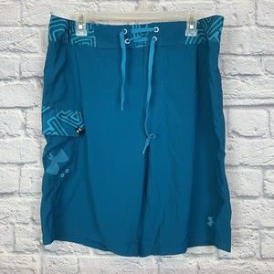 Under Armour Men Heat Gear Mania Water Swim Trunks Blue Board Cargo Shorts UA 34